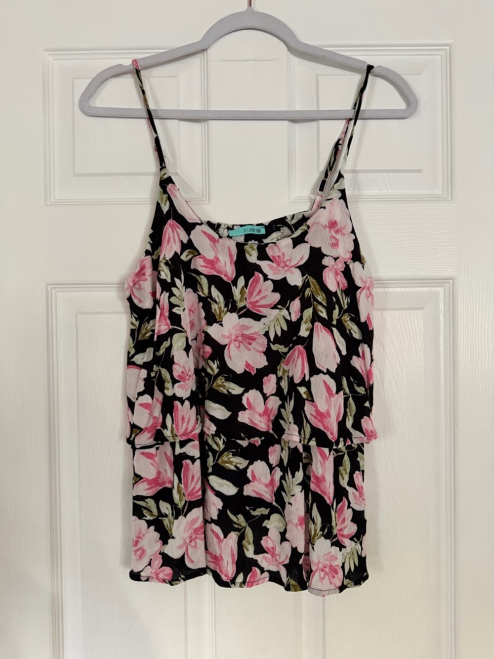 Floral Spaghetti Strap Tank Top - Pink on Black